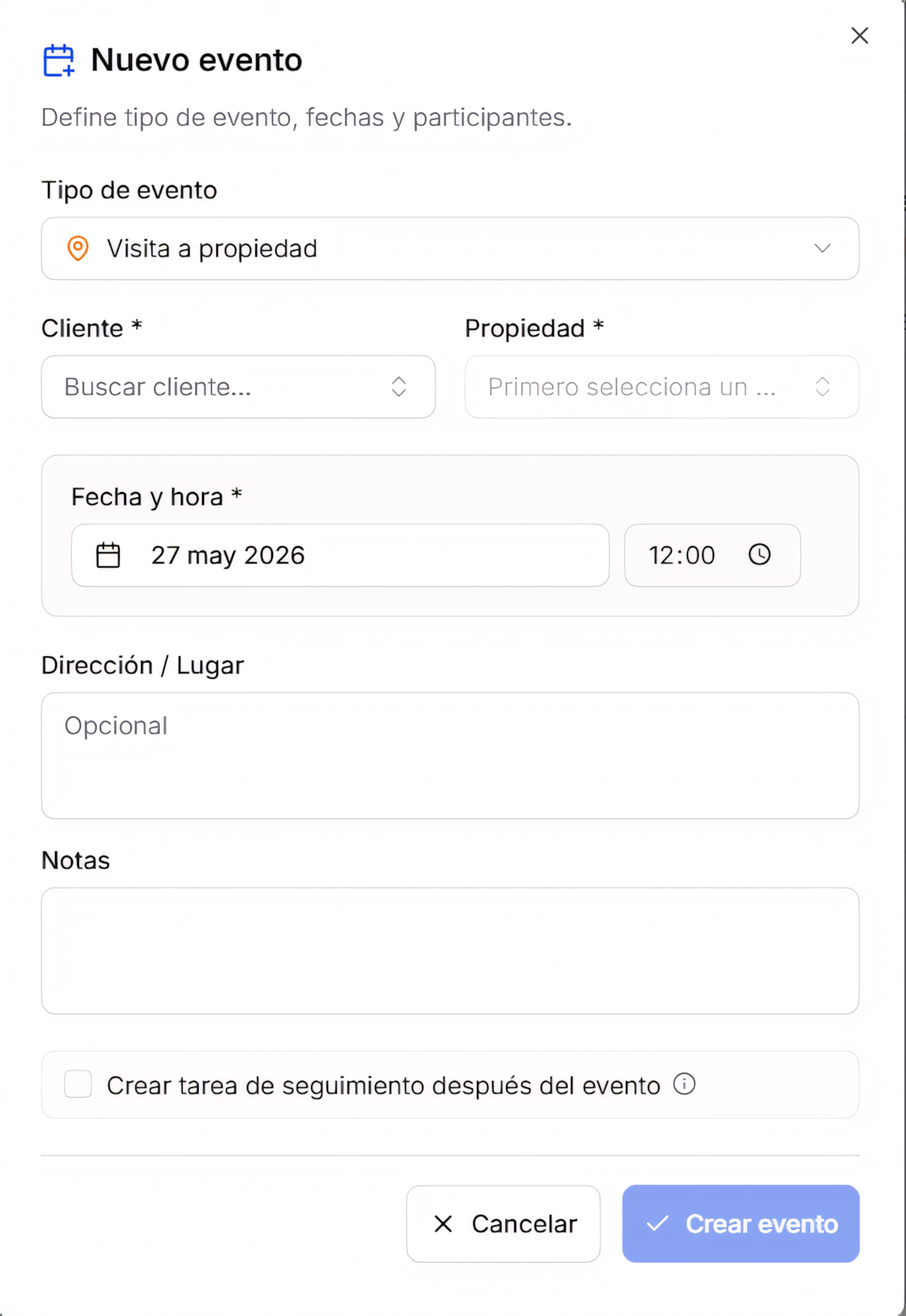 Modal Nuevo evento