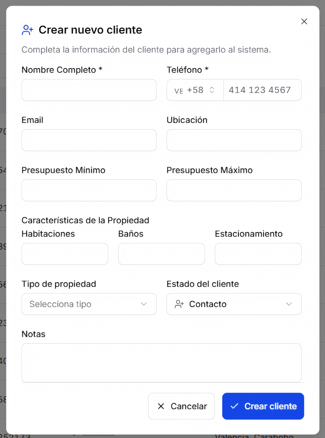 Modal Crear cliente