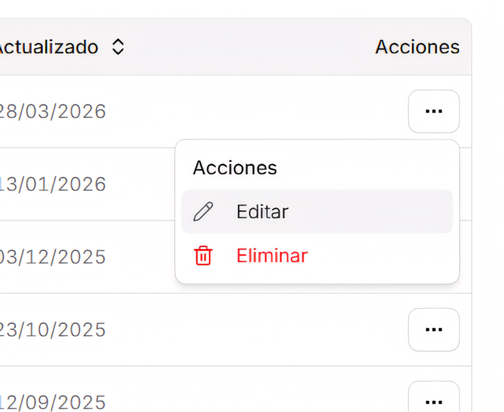 Menú Acciones